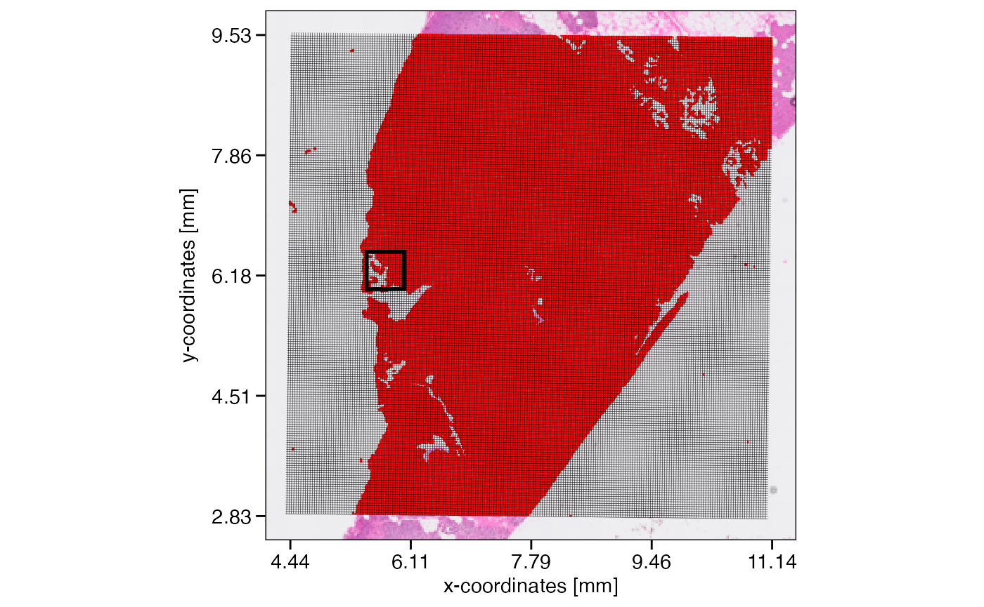 SPATA2 VisiumHD object with a resolution of 16um. On the right, zoomed in, a grid is visualized that indicates how the new resolution of 32um would look like.